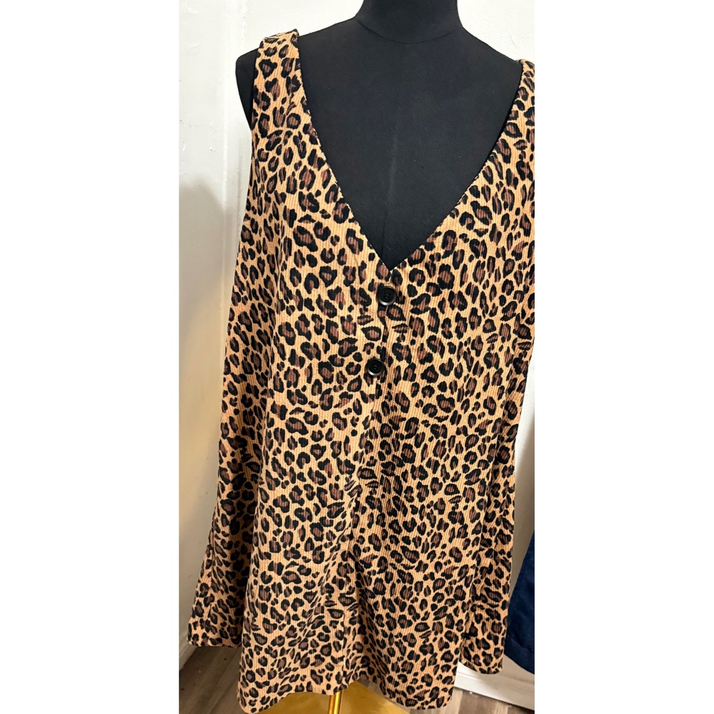 Shein Curve Leopard Print Corduroy Pinafore Jumper Dress Brown Black 0XL Plus